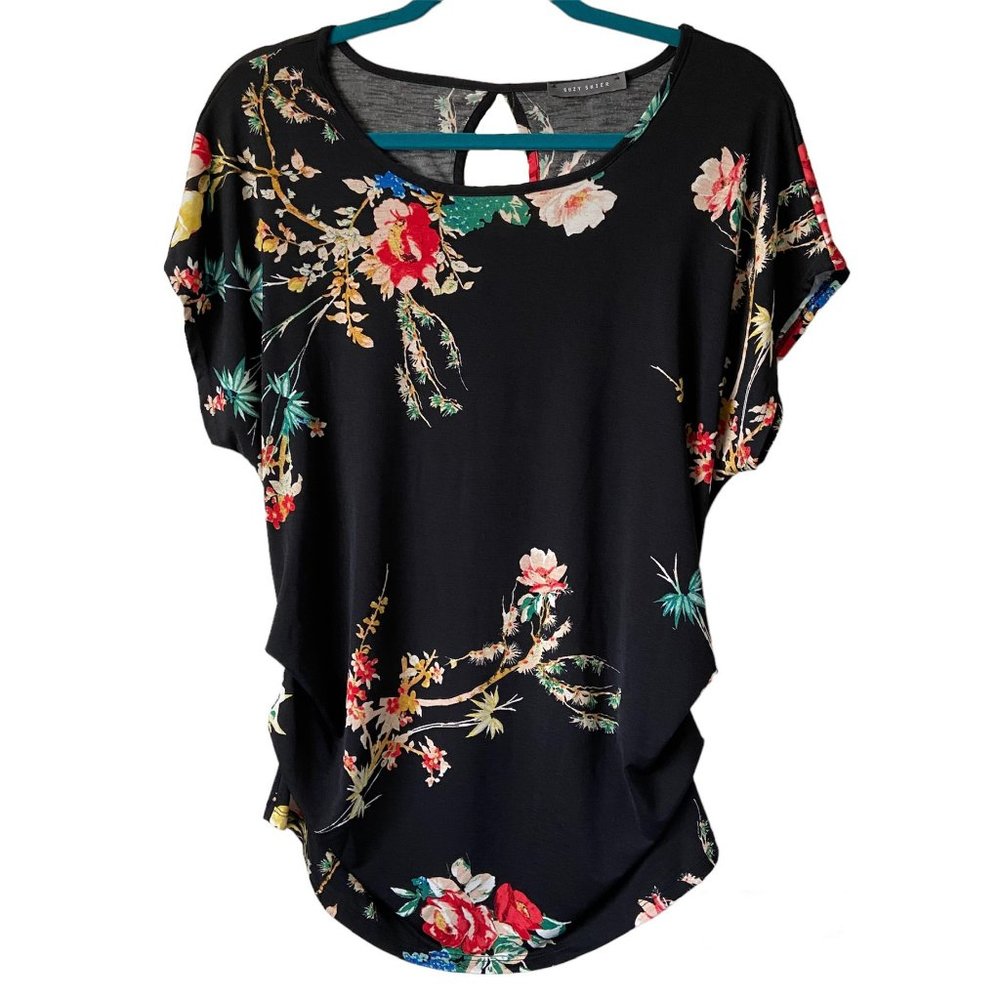 Suzy Shier Women's Black Floral Short Sleeve Top Size Large